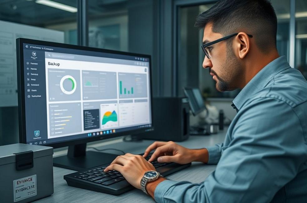 Profissional em estação de trabalho revisando painel de backup, com disco rígido selado e equipamentos de perícia ao redor.