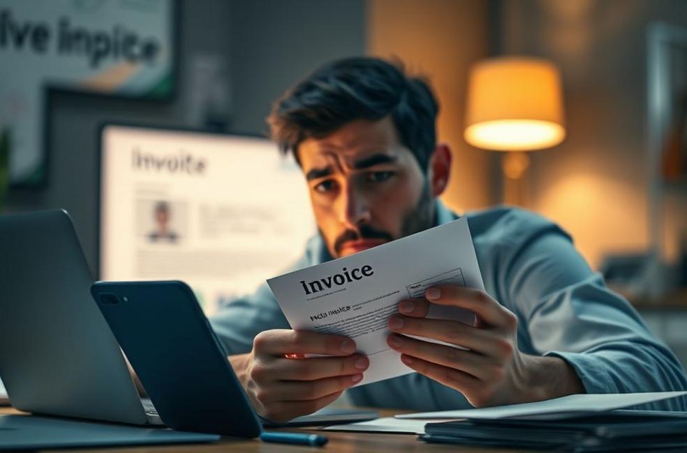 Pessoa olhando preocupada para um laptop cercada por correspondências e um smartphone.