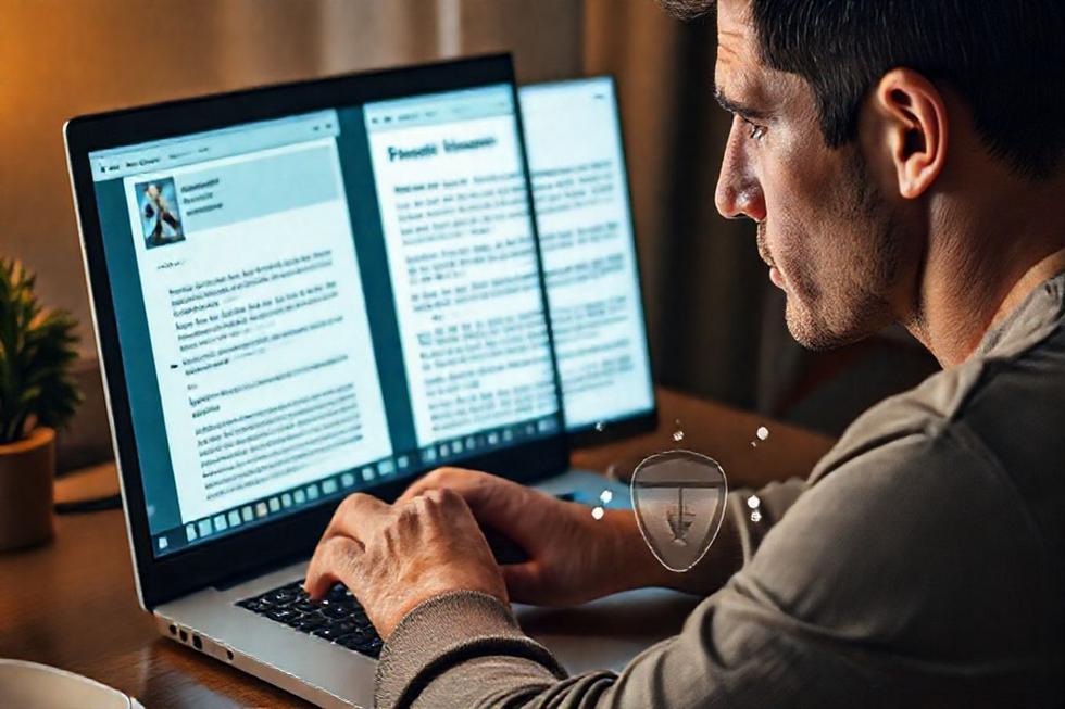 Pessoa no computador avaliando uma promoção e a política de privacidade para decidir sobre fornecer dados pessoais.