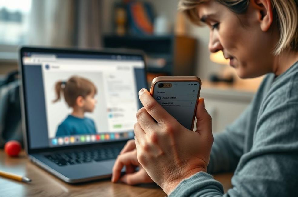 Capa ilustrativa mostrando um pai ou mãe analisando perfis online em laptop e smartphone para proteger a criança.