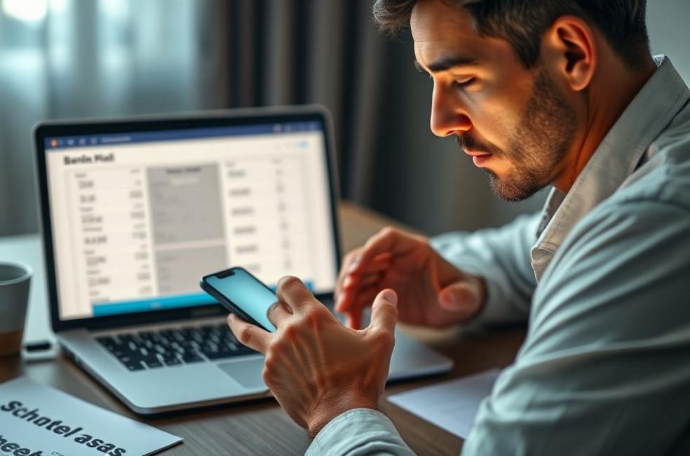 Pessoa conferindo limites e extratos no smartphone com laptop ao fundo, simbolizando segurança financeira.