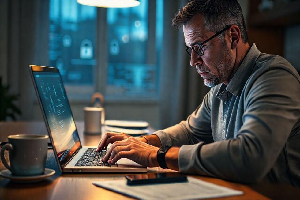 Pessoa sentada à mesa usando laptop, com expressão preocupada enquanto verifica segurança dos seus dados pessoais.