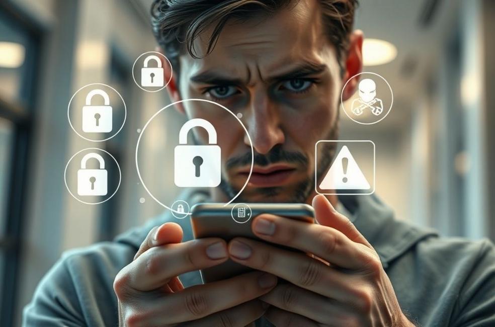 Pessoa segurando smartphone com ícones sobrepostos de cadeado, dados criptografados e alertas, sugerindo preocupação com segurança de dados.