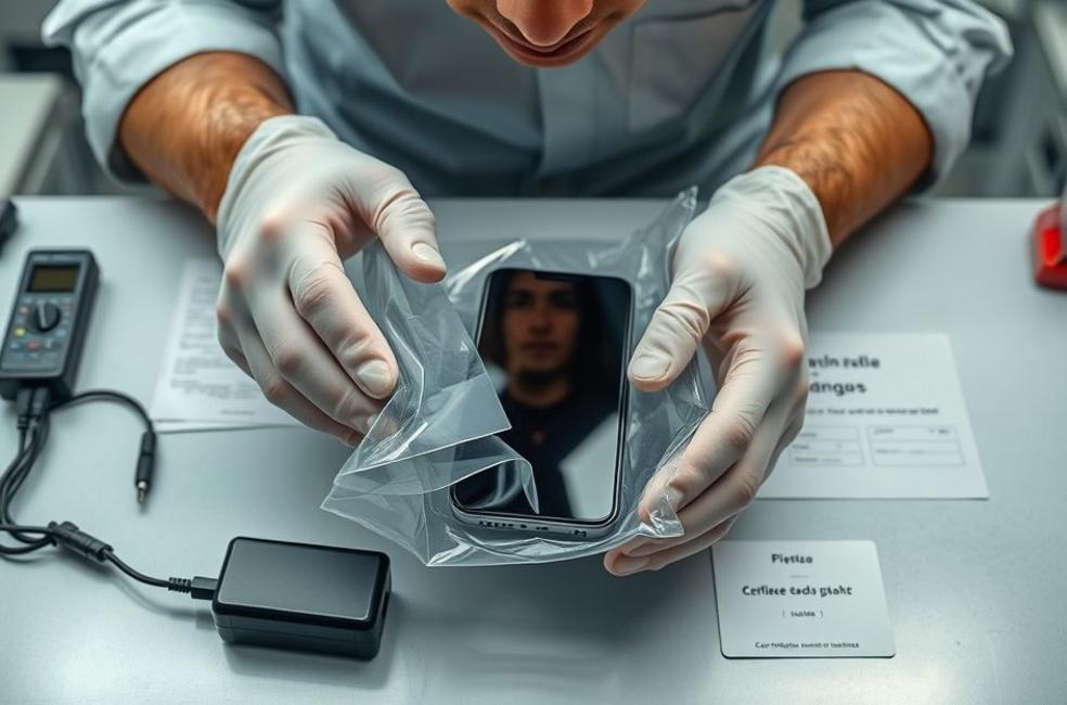Mãos anatomicamente corretas colocando smartphone dentro de bolsa de evidência sobre bancada com equipamento de proteção.