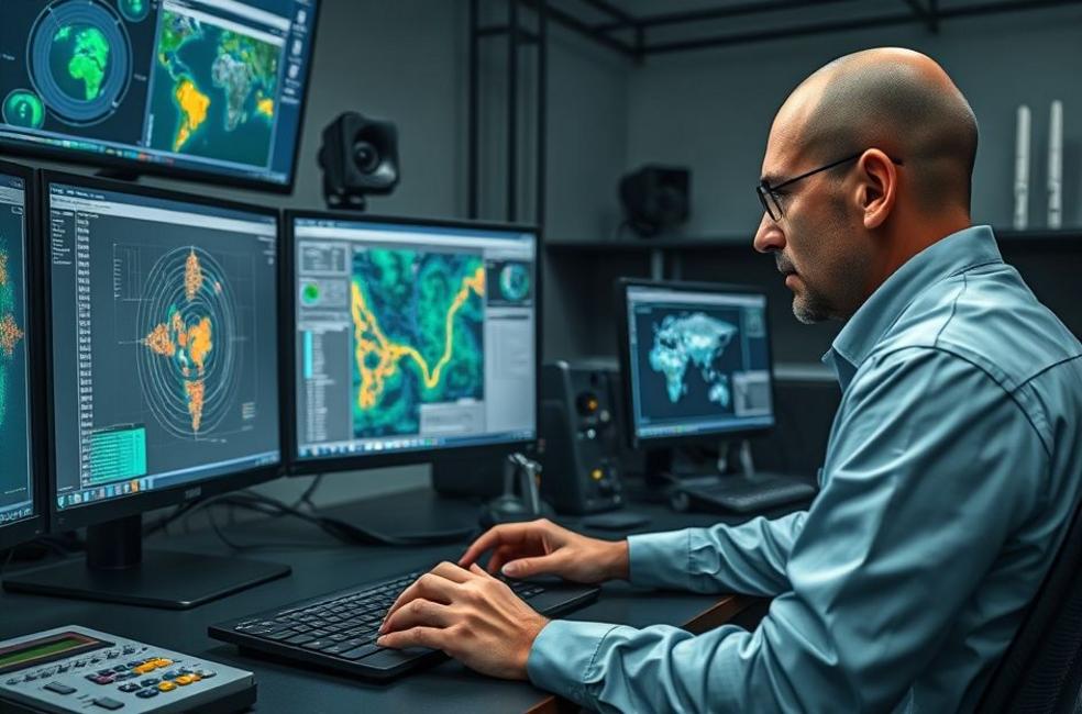 Ambiente de perícia com analista e equipamentos para investigação de redes WI-FI, monitores com heatmaps e capturas.