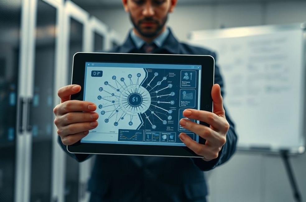 Imagem de capa mostrando um perito com tablet e infraestrutura de TI ao fundo, simbolizando a aplicação de IA na perícia digital.