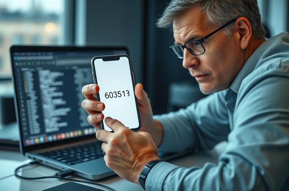 Adulto com smartphone mostrando código de verificação e laptop com registros de autenticação em um ambiente de trabalho.