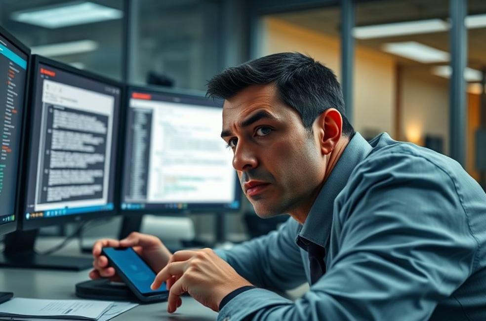 Perito forense digital em mesa com monitores mostrando análise de e-mail e URL, sacos de evidência e smartphone bloqueado.