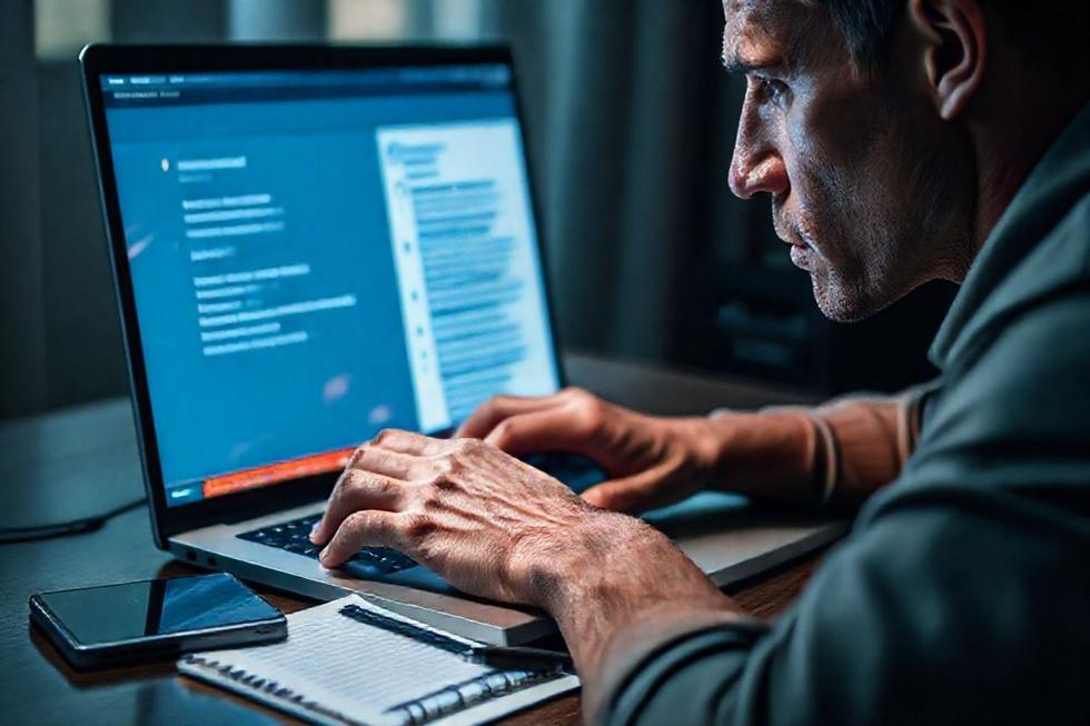 Pessoa concentrada verificando alertas de segurança em notebook com smartphone ao lado