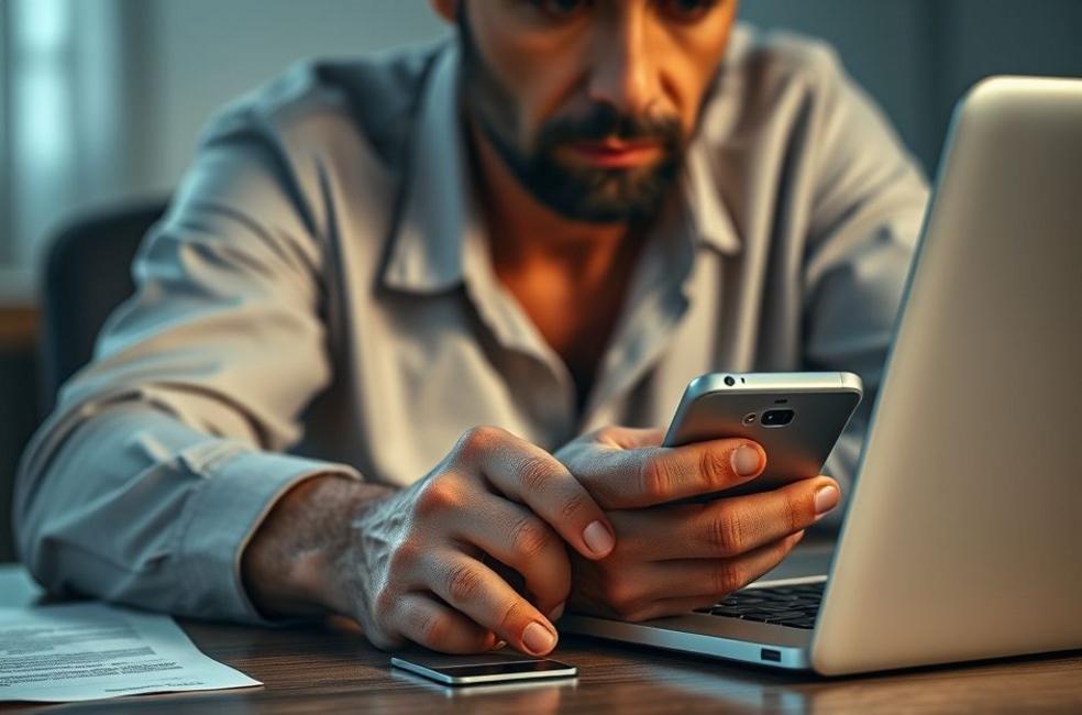 Imagem de capa mostrando um consumidor preocupado ao usar laptop e smartphone, representando receio com fraudes em compras online.