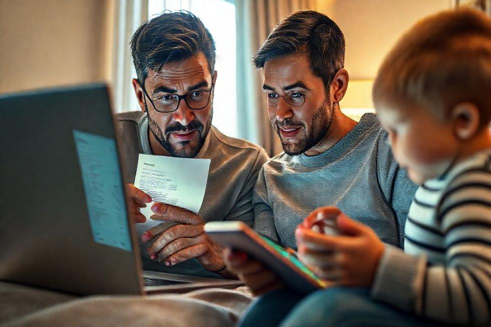 Pai verificando recibo no laptop enquanto criança joga em tablet ao lado, cenário doméstico.
