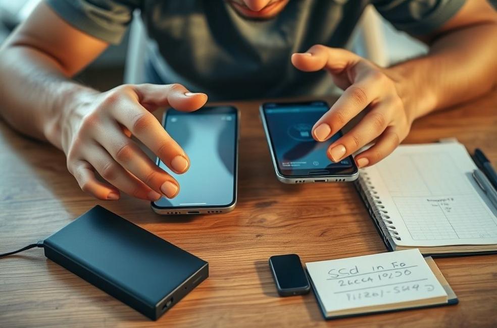 Pessoa transferindo dados entre dois celulares com SSD criptografado e registro de timestamps, representando backup seguro ao trocar de celular.