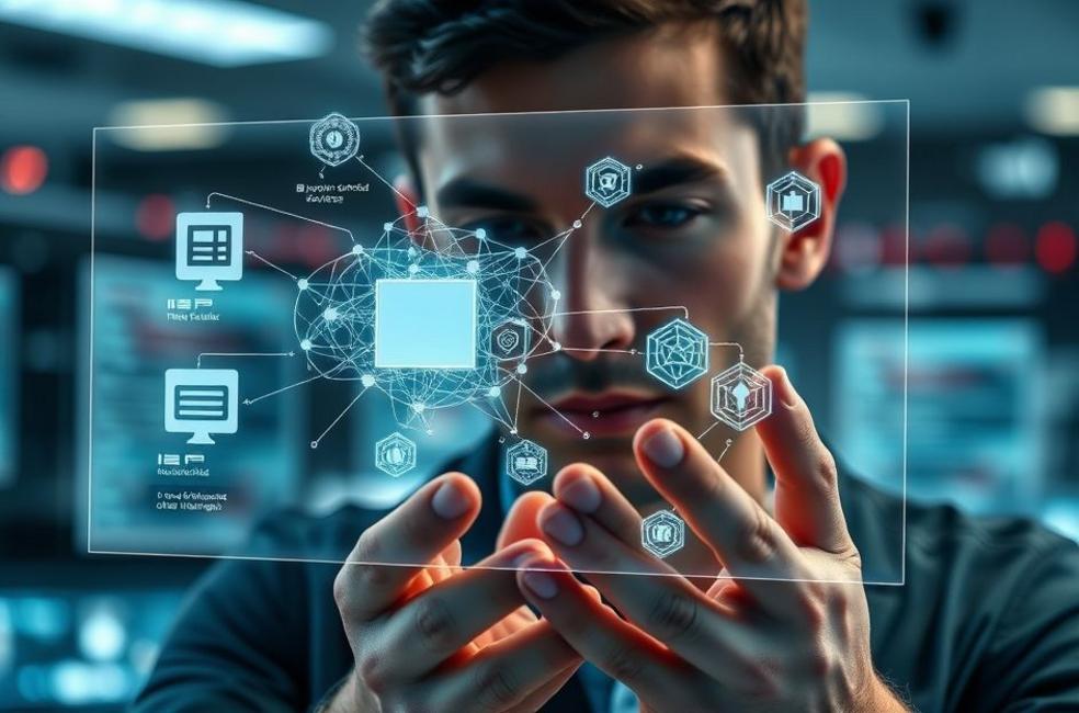 Analista examinando um mapa 3D de botnet com camadas de dispositivos comprometidos e infraestrutura C2 em uma sala SOC.