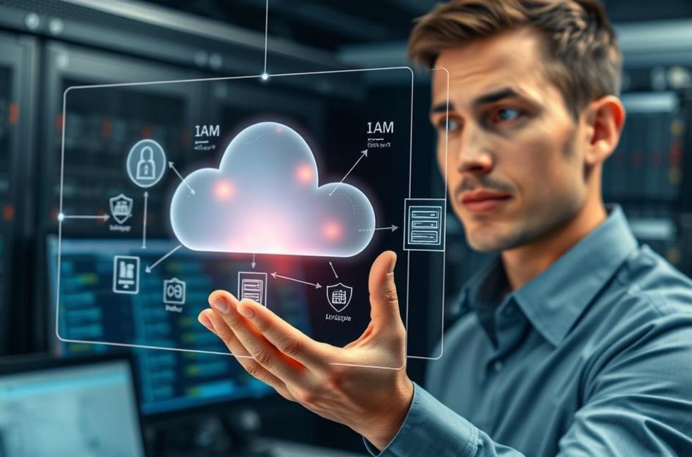 Profissional de segurança manipulando interface holográfica que mostra arquitetura e controles de nuvem, sem texto na imagem.