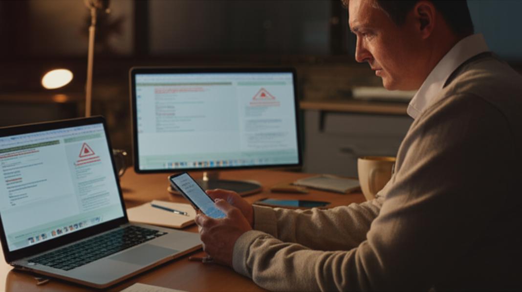 Pessoa em mesa com laptop e smartphone examinando alertas de segurança, representando proteção contra engenharia social.