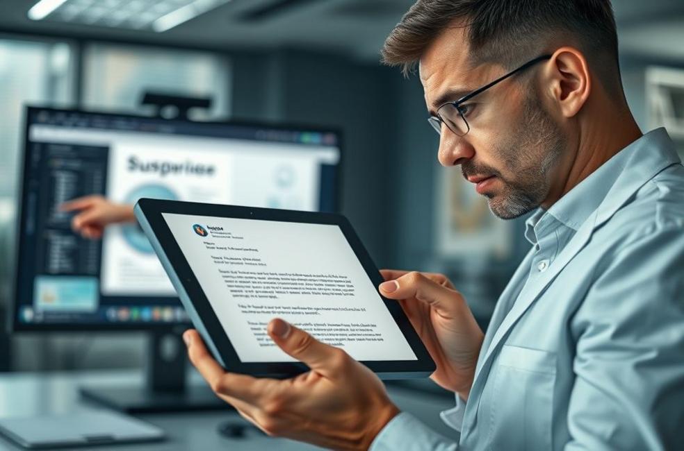 Usuário segurando tablet com e‑mail suspeito enquanto perito aponta análise em monitor ao fundo.