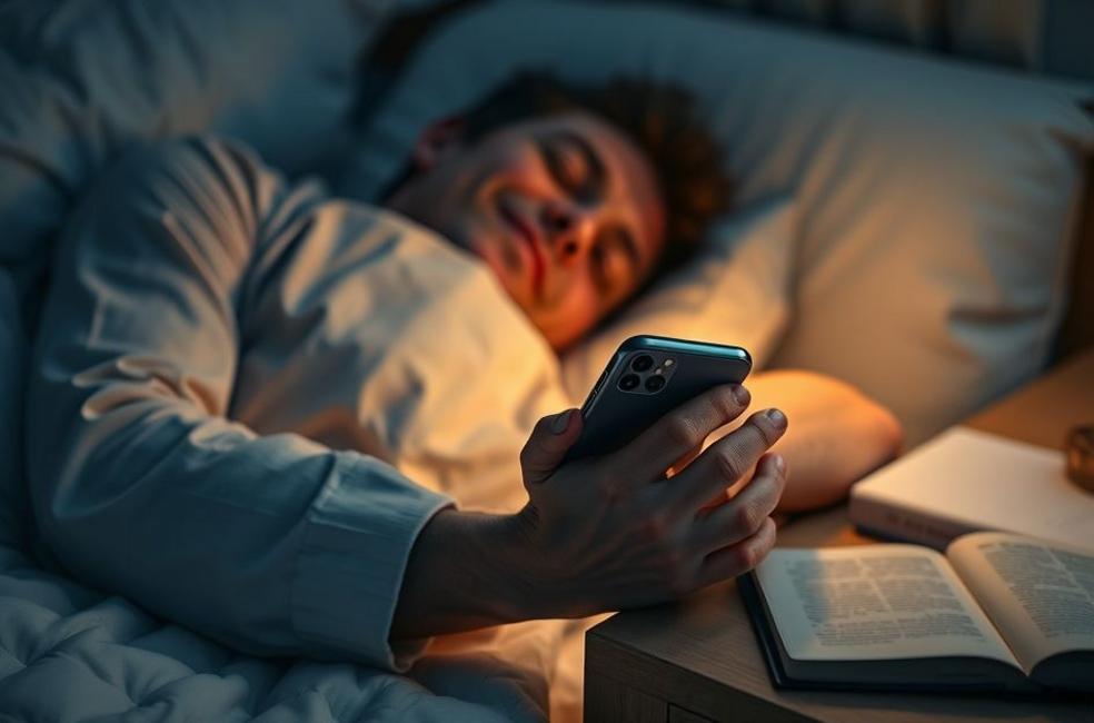 Pessoa em quarto à noite colocando o smartphone de lado e usando um relógio inteligente, cenário acolhedor que sugere desligamento tecnológico antes de dormir.