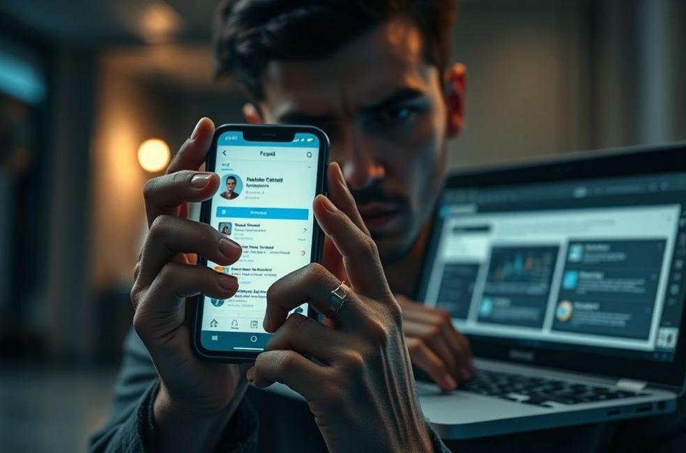Pessoa segurando smartphone e laptop com visualização de perfil e metadados, representando detecção de perfis falsos.