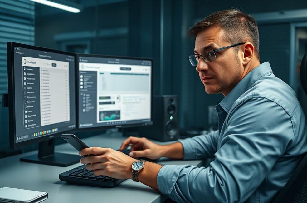 Profissional analisando permissões e logs em monitores, com hardware de prova em bolsa de cadeia de custódia sobre a mesa.