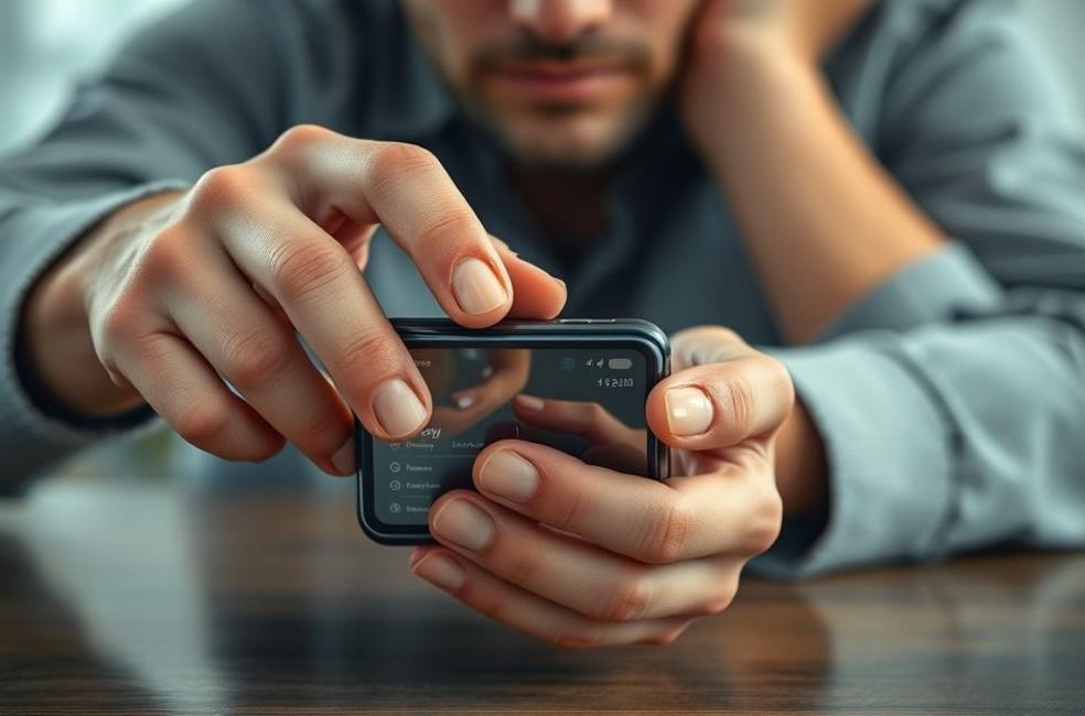 Pessoa segurando um smartphone enquanto outra mão alcança o aparelho, simbolizando risco ao compartilhar.