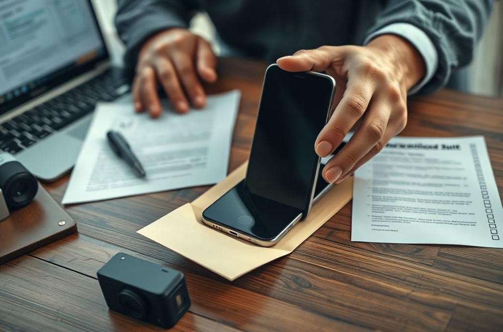 Mãos colocando um smartphone em envelope de evidência com câmera e laptop ao fundo, simbolizando preservação de dados.