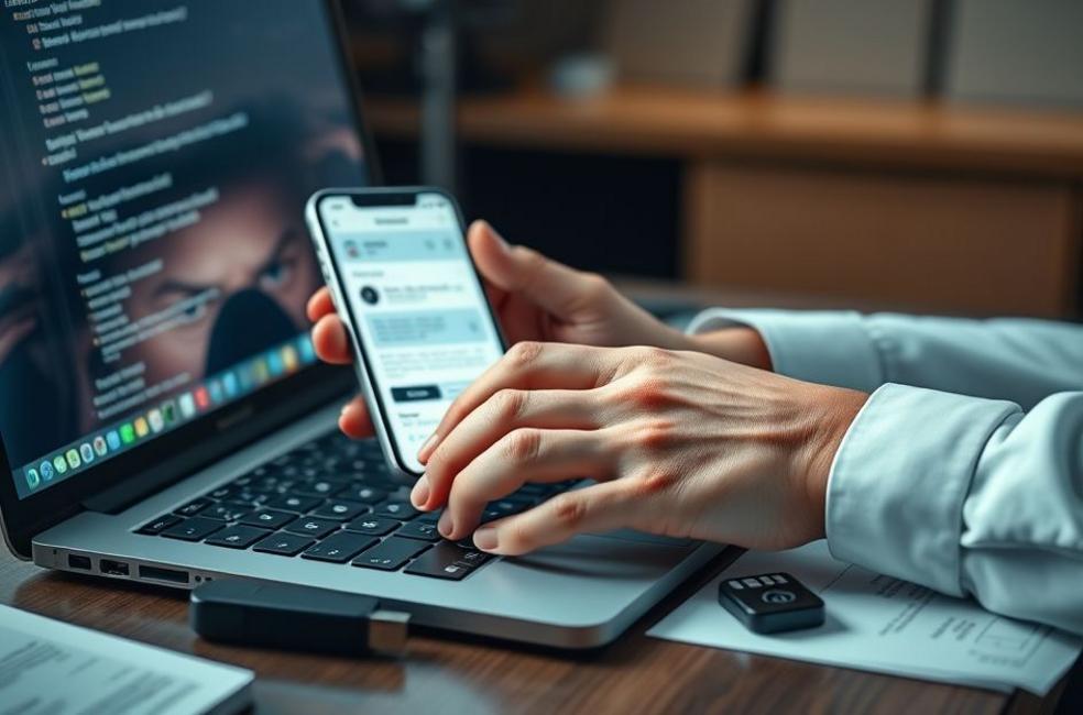 Usuário em uma mesa reforçando a segurança do e-mail com laptop, app autenticador e chave de segurança FIDO2.