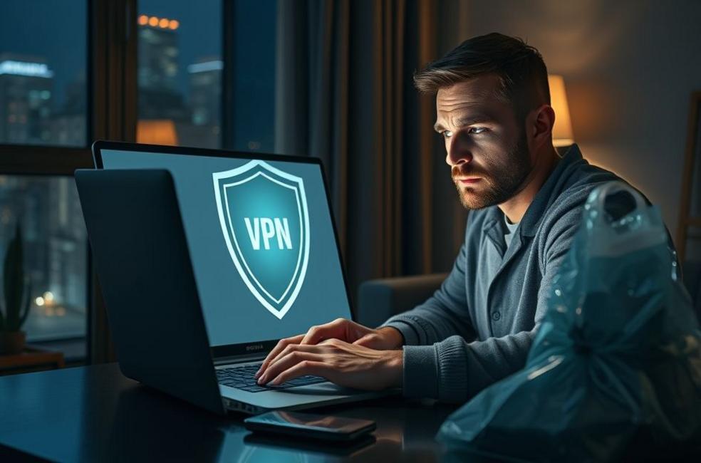 Pessoa usando laptop com VPN em ambiente doméstico, com roteador e dispositivo de evidência ao fundo.