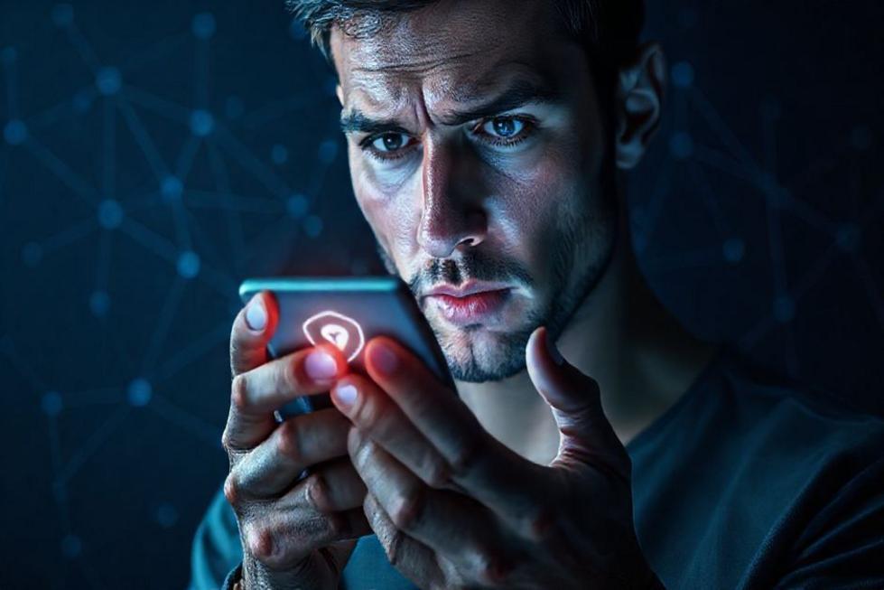 Usuário preocupado com privacidade segurando smartphone enquanto a rede virtual é analisada.