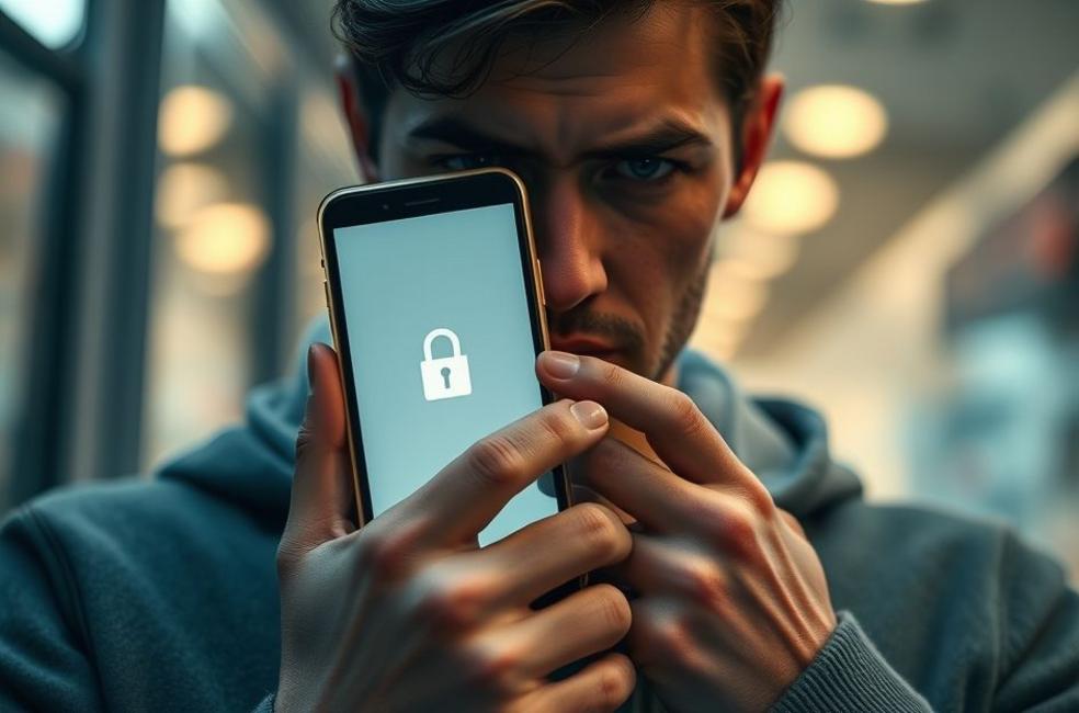 Usuário de smartphone segurando aparelho bloqueado, simbolizando privacidade e segurança de dados.