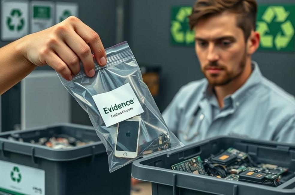 Profissional segurando um saco selado com um smartphone, ao lado de uma área de reciclagem de eletrônicos.
