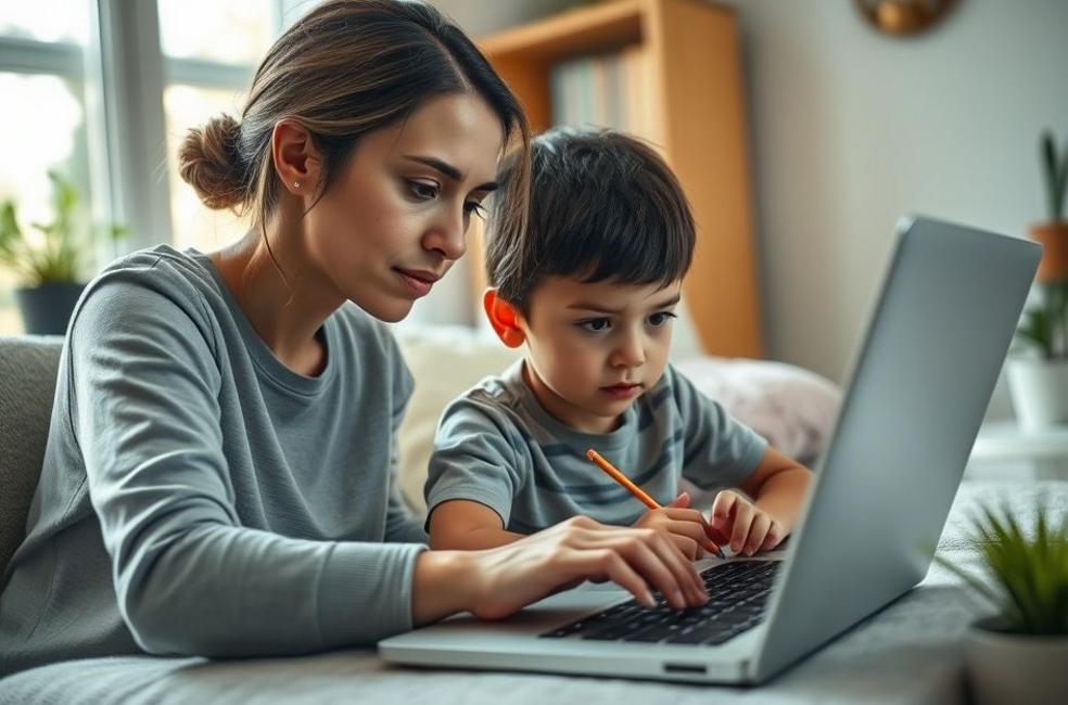 Adulto usando laptop com criança ao lado, ambiente doméstico, expressão atenta e protetora.