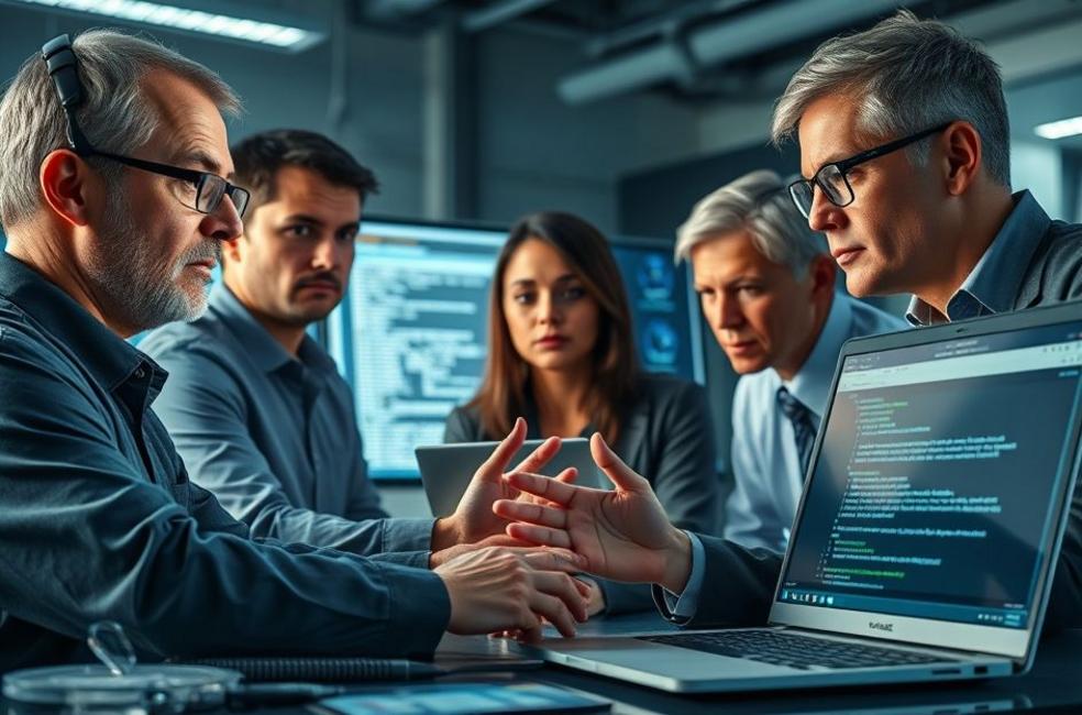 Equipe de profissionais de TI e perito forense trabalhando em monitores e servidores com evidência digital selada.