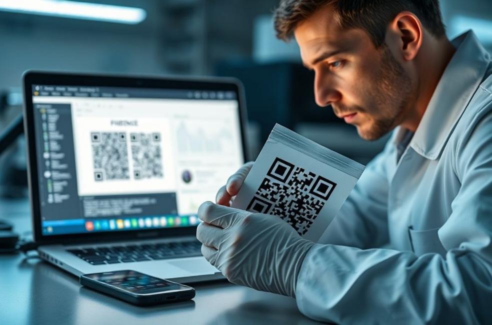 Perito com luvas analisando QR Code impresso sobre mesa forense, laptop ao fundo mostrando decodificação e monitoramento.