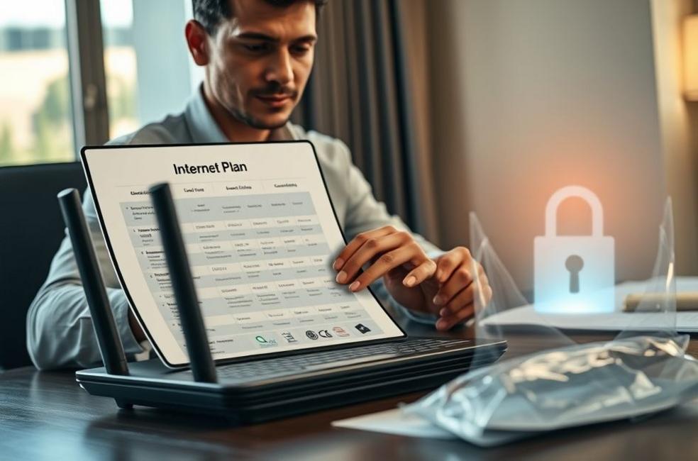 Profissional analisando planos de Internet em um tablet com roteador e saco de prova na mesa.