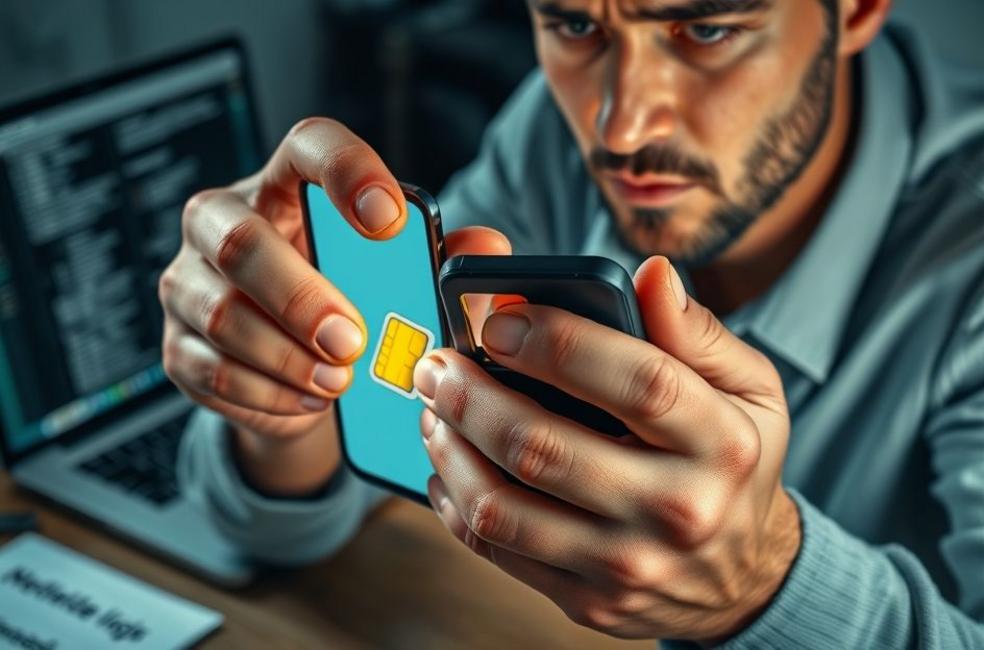 Usuário segurando smartphone e ferramenta de ejeção do SIM, com bandeja do chip parcialmente exposta e laptop ao fundo.