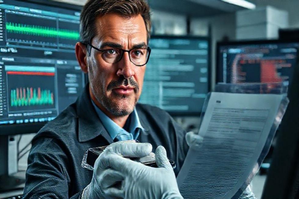 Workspace forense com monitores mostrando timelines de metadados e um disco rígido selado.