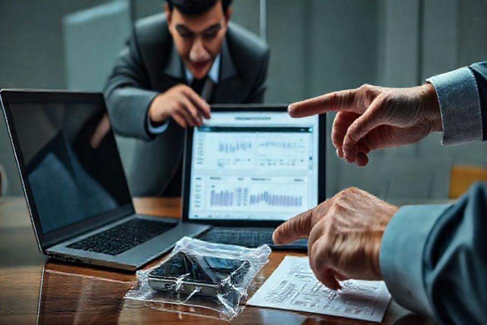 Perito e advogado analisando evidências digitais com smartphone lacrado e ferramentas forenses em laptop.