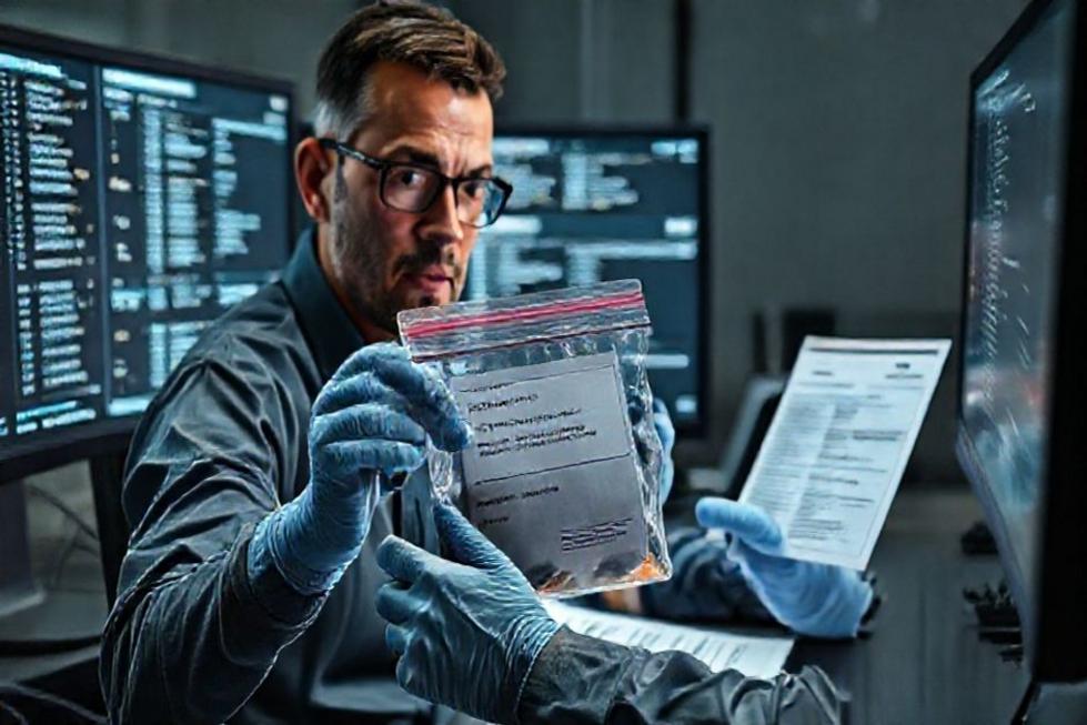 Perito forense comparando hashes em estação de trabalho com evidências e documentação.