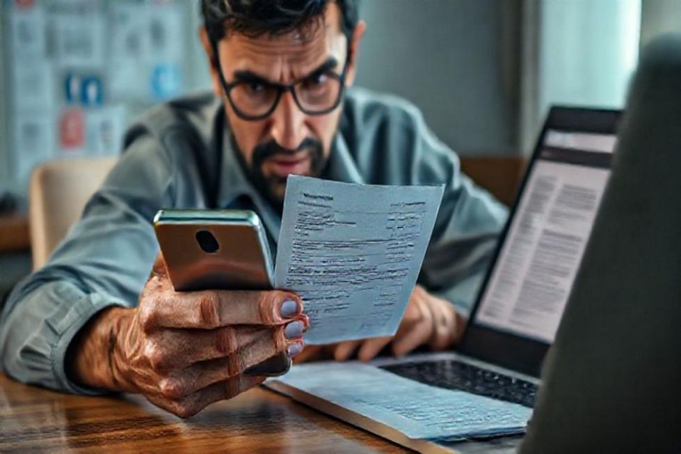 Imagem de capa mostrando usuário analisando prova de transferência por aplicativo com itens de perícia ao redor.