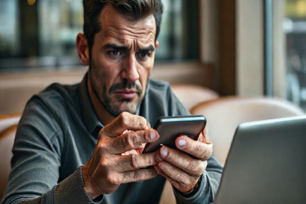 Usuário mobile atento a sinais de acesso remoto no celular, ilustrando vulnerabilidade e necessidade de perícia.