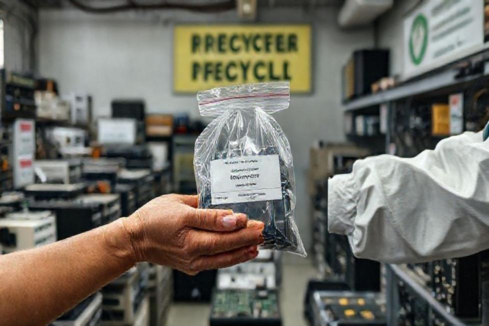 Centro de reciclagem organizado recebendo equipamentos eletrônicos com documentação e embalagens de evidência.