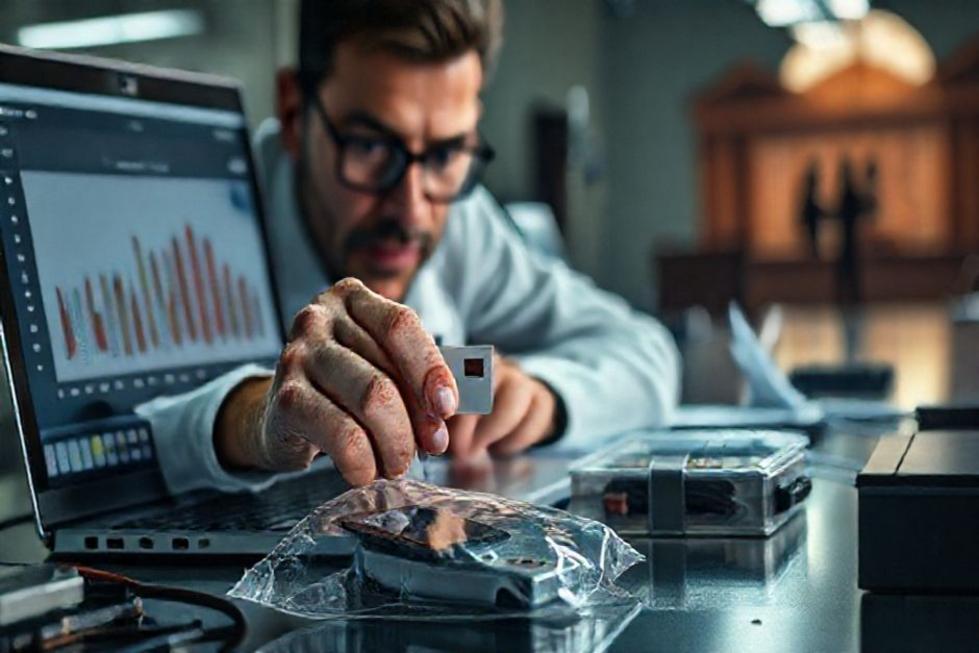 Perito forense digital trabalhando evidências com cenário que conecta laboratório e tribunal.