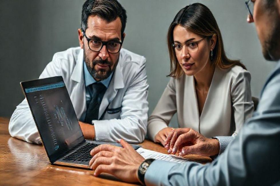 Perito e advogado analisando evidências digitais com documentos de cadeia de custódia em ambiente profissional.