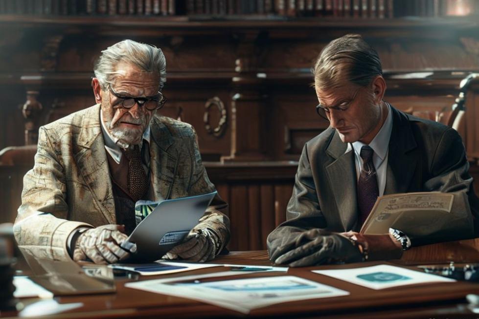 Perito e advogado analisando evidências digitais e documentação de cadeia de custódia em ambiente de audiência.