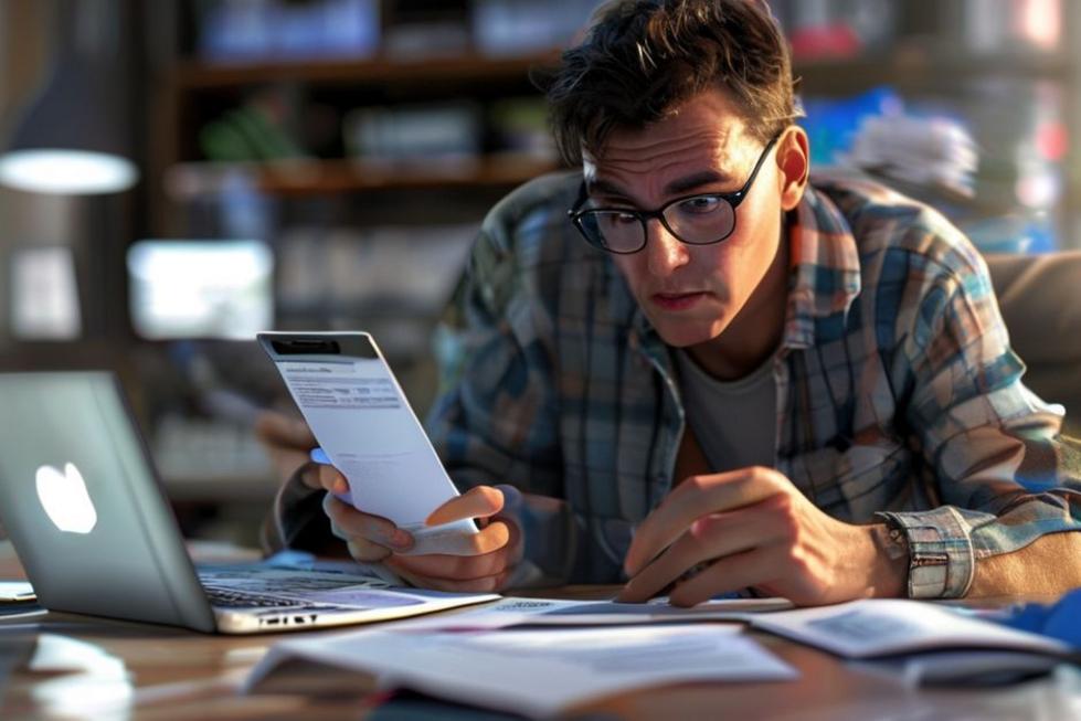 Pessoa olhando para celular com aplicativo bancário aberto, laptop e documentos ao fundo sugerindo verificação de possíveis fraudes.