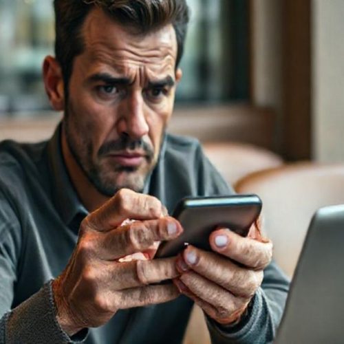 Usuário mobile atento a sinais de acesso remoto no celular, ilustrando vulnerabilidade e necessidade de perícia.