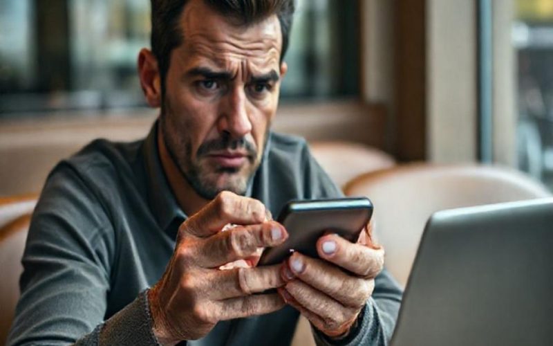 Usuário mobile atento a sinais de acesso remoto no celular, ilustrando vulnerabilidade e necessidade de perícia.