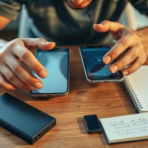 Usuário transferindo dados entre celulares com equipamentos seguros, simbolizando a preservação de informações ao trocar de aparelho.