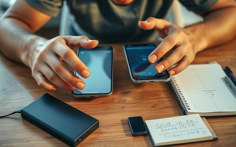 Usuário transferindo dados entre celulares com equipamentos seguros, simbolizando a preservação de informações ao trocar de aparelho.