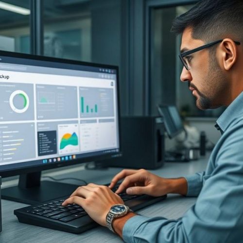 Profissional revisando painel de backup em ambiente seguro, com dispositivos de armazenamento e caixa de evidência.
